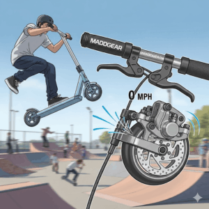 The responsive brake system on a Maddgear scooter, ensuring quick and safe stops during tricks.