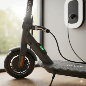 A Navee electric scooter being charged with its charging port and cable visible, emphasizing the convenience of its battery system.