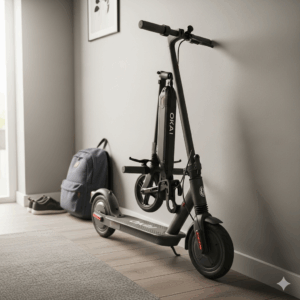  A photograph of a folded Okai e-scooter, demonstrating its compact size for easy storage and portability.