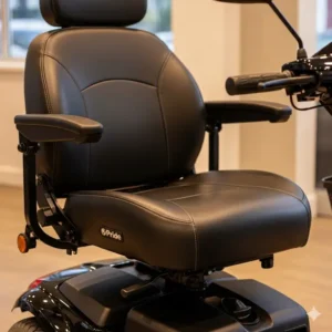 The comfortable, padded, and adjustable seat of the pride victory 10 scooter.