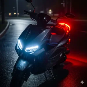 The bright LED headlight and rear brake light on a rocket scooter, highlighting essential safety features for night riding. 