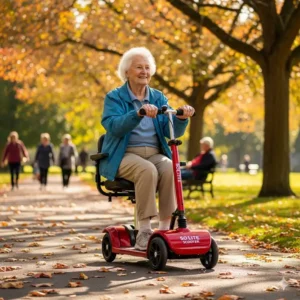  An elderly person comfortably riding the so lite scooter in a park, showcasing its ease of use and stability for seniors.