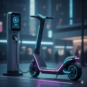 An electric sonic scooter is shown plugged into a charging station, with a clear display of its battery level and charging status. 