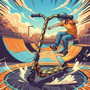 An illustration of a tramp scooter landing a trick on a trampoline, demonstrating its lightweight and flexible design.