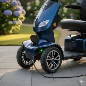 An illustration showing the charging port of a Veleco scooter electric mobility, emphasizing its easy and accessible charging process.