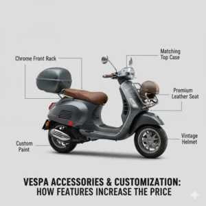 A customized Vespa scooter with various accessories, illustrating how optional features impact the overall Vespa scooter price.