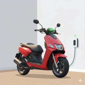 Illustration of a zoomer scooter plugged into a charging station at home, highlighting its convenient electric recharge process. 