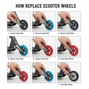 Step-by-step visual guide on the process of changing worn-out wheels on a standard push scooter.