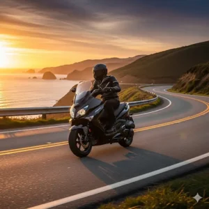 A person riding a black Italika scooter on a winding road, demonstrating its performance.
