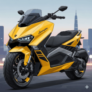 A yellow Lamborghini scooter in a cityscape setting.