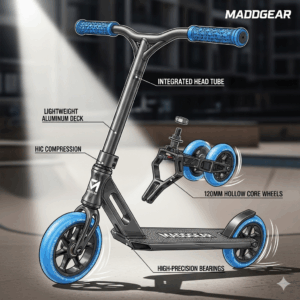 A professional-grade Maddgear scooter, highlighting its lightweight frame and high-performance components.