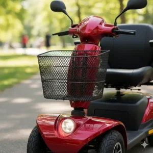 The front basket and bright LED headlight on a pride victory 10 mobility scooter.