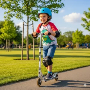 A professional scooter rider performing a trick on a razor scooter at a skatepark.