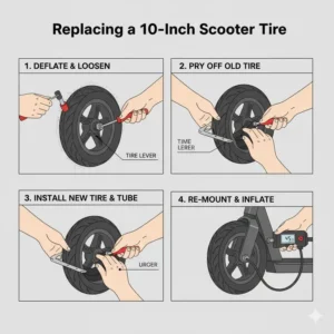 Step-by-step graphic showing the process of replacing an old 10 inch scooter tire with a new one on an electric scooter wheel. 