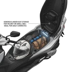 An illustration of the under-seat storage compartment of a roadster scooter, showing enough space for a helmet or small bag, emphasizing its practicality for daily commutes