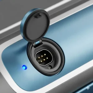 A close-up view of the waterproof charging port on a rocket scooter, ready to be plugged in for a quick recharge. 