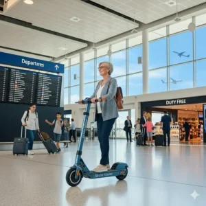A person navigating an airport terminal with the so lite scooter, highlighting its use as a travel aid.