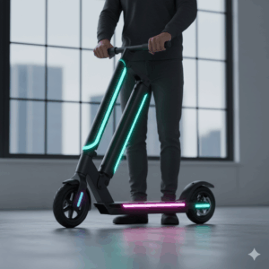 A person demonstrates the compact, foldable design of an innovative sonic scooter, making it easy to carry and store. 