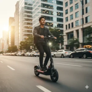a person riding SPXID electric scooter in a daily city commute scenario illustrating its convenience and efficiency for urban travel