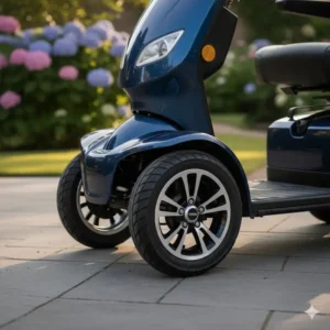 Close-up of the durable wheels and tires of a Veleco scooter electric mobility, designed for stability and a smooth ride.