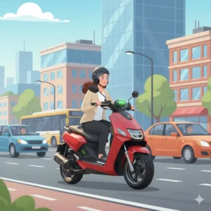 Dynamic illustration of a zoomer scooter effortlessly navigating through a busy city street, perfect for daily commutes and avoiding traffic. 