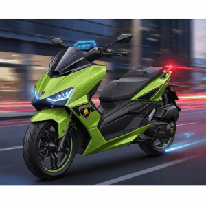 A dynamic shot of a green Lamborghini scooter, emphasizing movement.