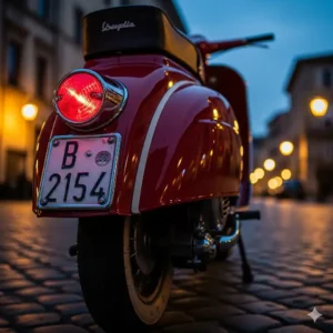 Rear view of a lambretta scooter for sale, highlighting its classic tail light and chrome bumper, a must-have for collectors.