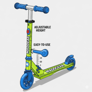 A vibrant Maddgear scooter model designed for kids, showing its adjustable height and easy-to-use features.