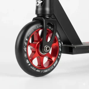 Close-up of a sleek metal core scooter wheel with a strong aluminum hub, ideal for stunt riding and durability.