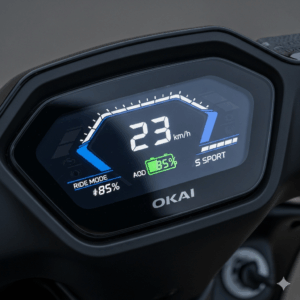 A clear shot of the digital dashboard on an Okai e-scooter, showing the speed, battery level, and ride mode.