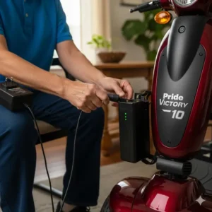 A close-up shot of the pride victory 10 scooter's battery being charged.