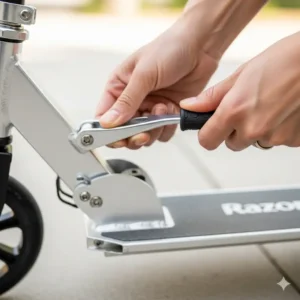 An exploded diagram of a razor scooter, labeling key components such as the deck, handlebars, wheels, and rear fender brake.