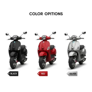 A graphic showing three different color options for a roadster scooter—matte black, crimson red, and metallic silver—to appeal to diverse customer preferences.
