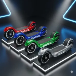 A display of four different color options for the new rocket scooter, including red, blue, green, and silver. 