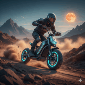 An all-terrain sonic scooter is navigating a dirt trail, kicking up a small cloud of dust as it handles the rugged landscape. 