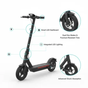 key features of SPXID electric scooter such as braking system and shock-absorbing tires demonstrating safety and smooth ride experience