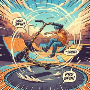 An illustration of a person using a tramp scooter on a trampoline, practicing a 360-degree spin. 