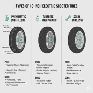 Visual representation of different types of 10 inch scooter tires, including tubeless, pneumatic, and solid options, with their respective benefits. 