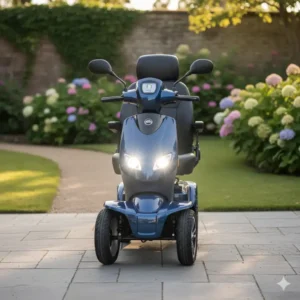 Front view of a Veleco scooter electric mobility showcasing its bright LED headlight and indicator lights, ensuring visibility and safety.