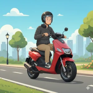 A person wearing a helmet and riding a zoomer scooter, emphasizing important safety aspects and responsible usage. 