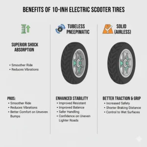 Infographic highlighting the benefits of 10 inch scooter tires, such as improved shock absorption, better stability, and enhanced comfort.
