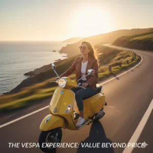 A person happily riding their Vespa scooter through a scenic route, emphasizing the enjoyment and value received for the Vespa scooter price.
