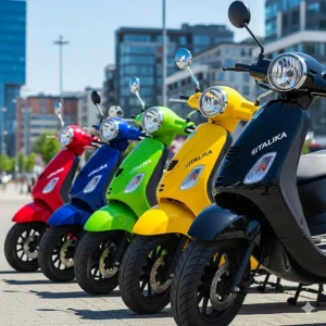 A group of different colored Italika scooters lined up, displaying the available color options.