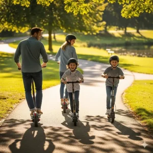 A dynamic image of a family riding different Jolta electric scooters together in a park.