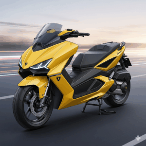 A yellow Lamborghini scooter at sunrise, providing an artistic view.