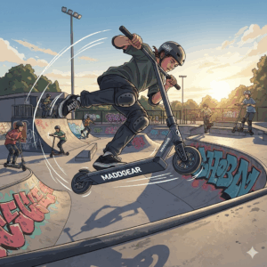 A rider using a Maddgear scooter at a skatepark, demonstrating its versatility and durability for various stunts.