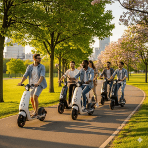 A group of friends riding their Navee electric scooters together in a park, showing the social and recreational aspect of the product.