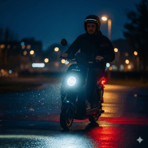  A rider on an Okai e-scooter with its lights on, illustrating its visibility and safety for night-time travel.