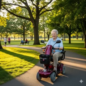 An elderly person comfortably navigating through a park on their reliable pride victory 10 scooter.