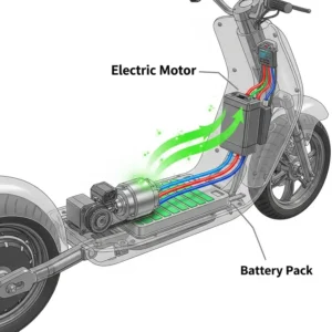 A diagram illustrating the electric motor and battery placement within a roadster scooter, highlighting the eco-friendly and powerful electric drivetrain.